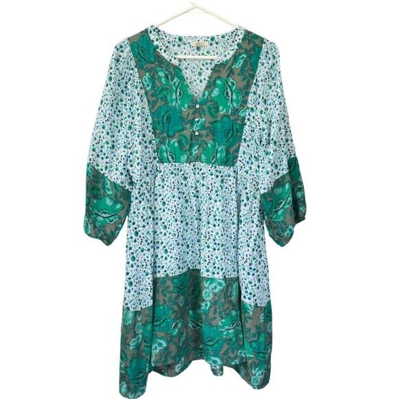 Jodifl Dresses & Skirts - Jodifl US Women's Size S Green Ditsy Floral Print Boho‎ Mini Dress 3/4 Sleeves